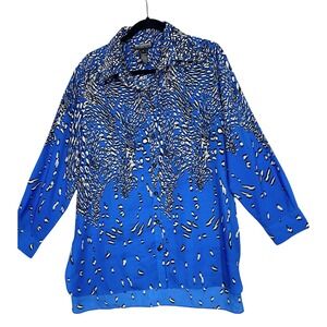 Mishca Button Down Blouse Womens XL Blue Animal Print Long‎ Sleeve Bold